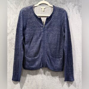 Eileen Fisher Blue Organic Linen Full Zip Cardigan Sweater Medium